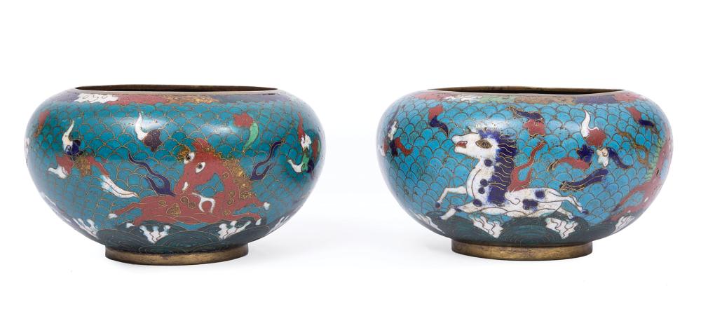 Appraisal: Pair of Chinese Ming-Style Cloisonn Enamel Eight Horses Alms Bowls