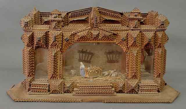 Appraisal: Tramp Art carved nativity scene with wood and composition figures