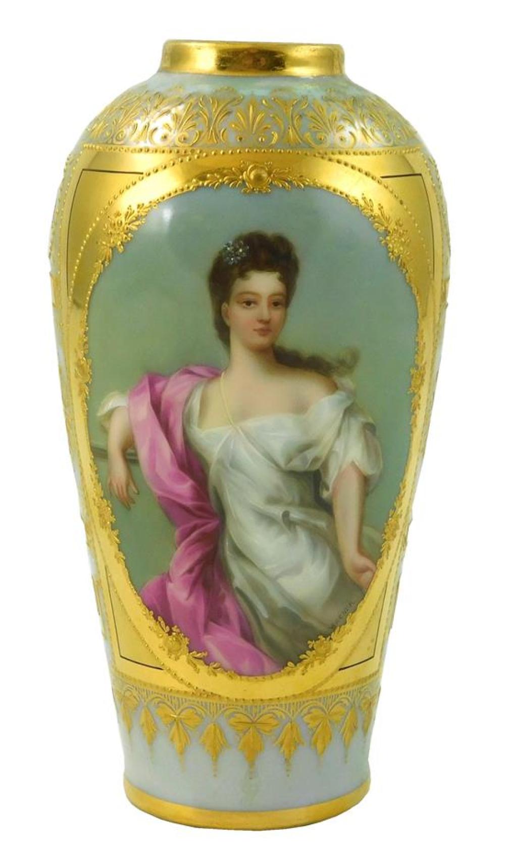 Appraisal: Royal Vienna porcelain vase raised gold on gray ground central