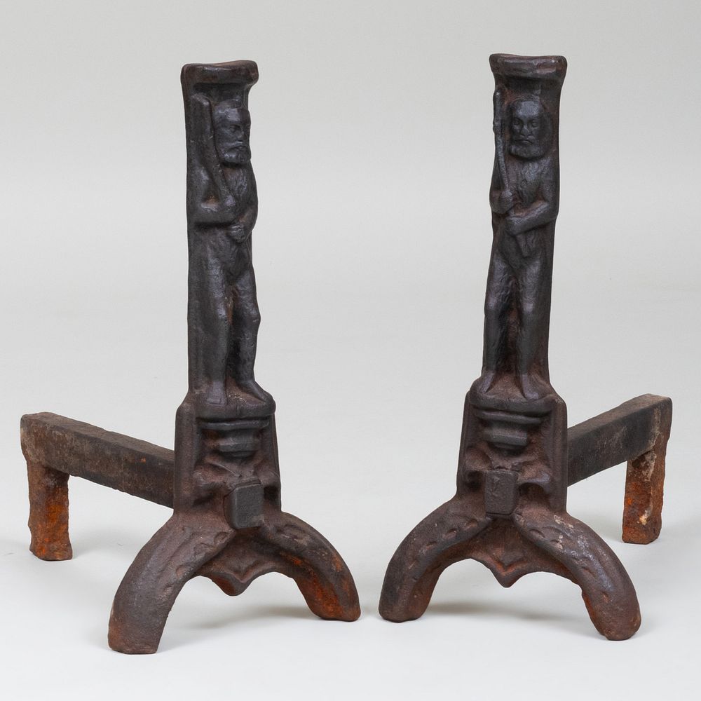 Appraisal: Pair of Wrought-Iron Figural Andirons Depicting 'The Wild Man' the