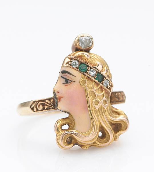 Appraisal: An art nouveau enamel diamond emerald and k gold ring