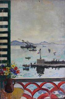 Appraisal: LAMOTTE Bernard Oil on Plywood Harbor Scene Signed lower right