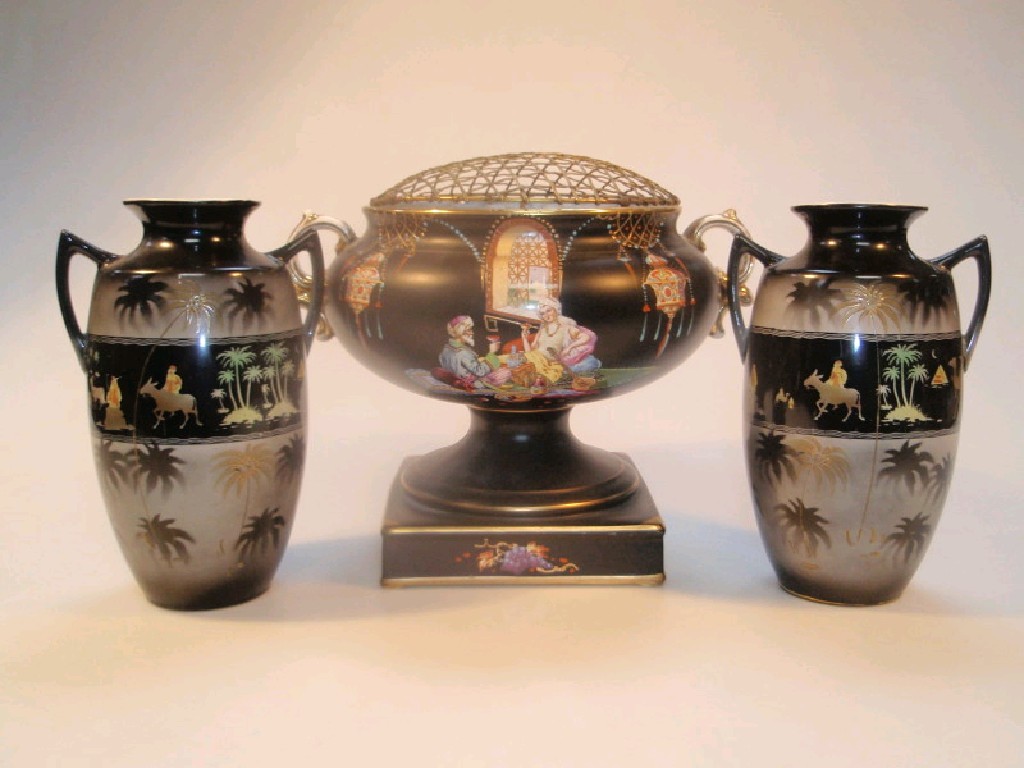 Appraisal: A Falcon ware Arabian two handled rose bowl printed with