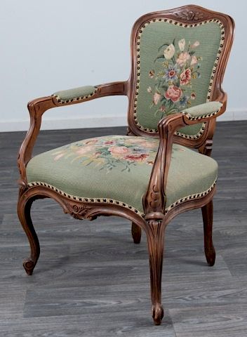 Appraisal: French Style Fauteuil French style fauteuil having carvings to the