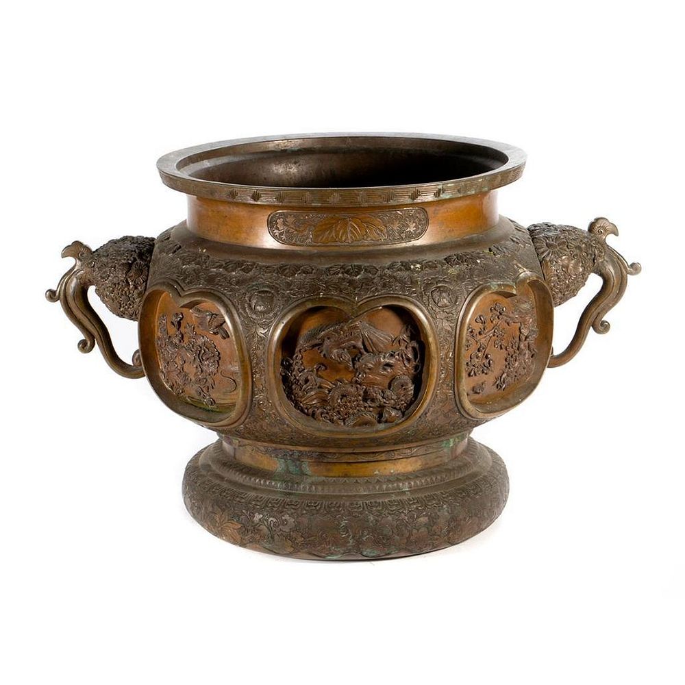 Appraisal: A Large Japanese Bronze Meiji Period Urn Foliate cast with