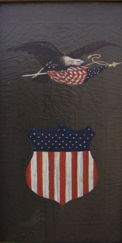 Appraisal: FRAMED PAINTING American th CenturyAmerican eagle and flag above shield