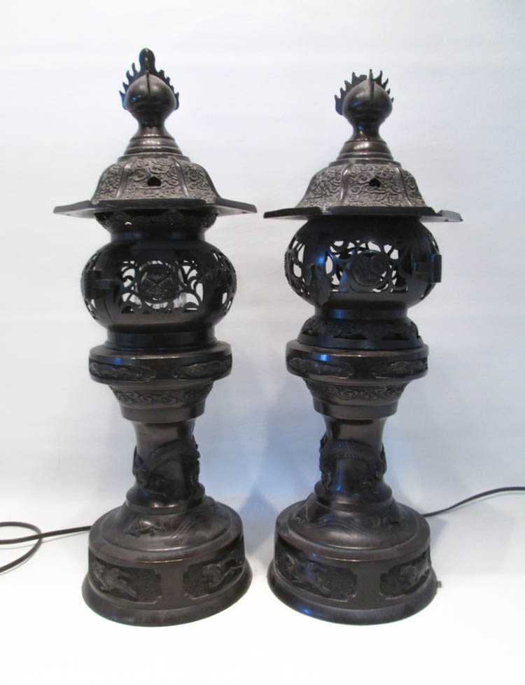 Appraisal: PAIR OF BRONZE JAPANESE ELECTRIFIED LANTERNS of pagoda form with