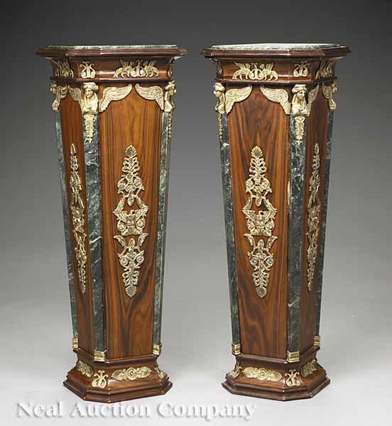 Appraisal: A Pair of Empire-Style Bronze-Mounted Rosewood Pedestals the inset green