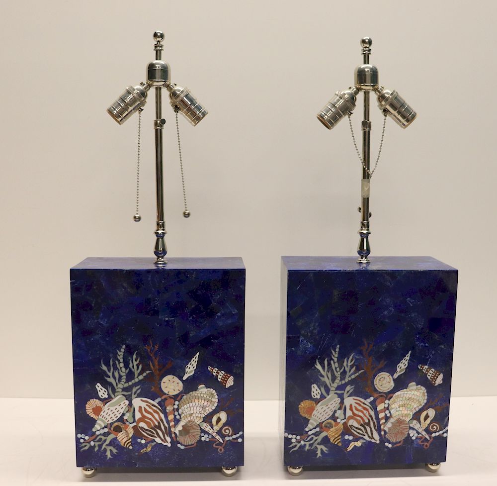 Appraisal: Pair Of Midcentury Style Lapis Lamps With Shell Decoration From