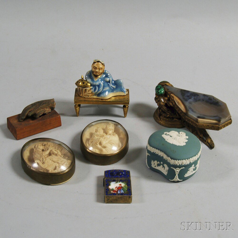 Appraisal: Seven Stone Metal and Ceramic Decorative Items a small Wedgwood