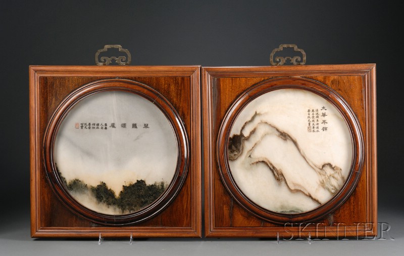 Appraisal: Pair of Shadow Marble Panels China th century circular Ta