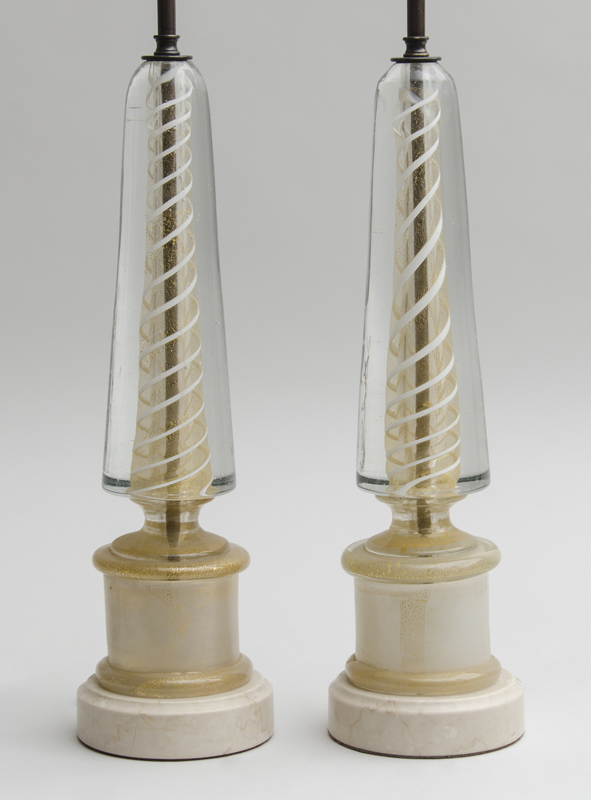 Appraisal: PAIR OF MURANO GLASS OBELISK LAMPS Internally decorated glass marble