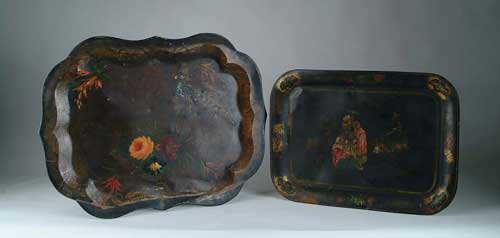 Appraisal: TWO ANTIQUE DECORATED TOLE TRAYS One stencil decorated with the