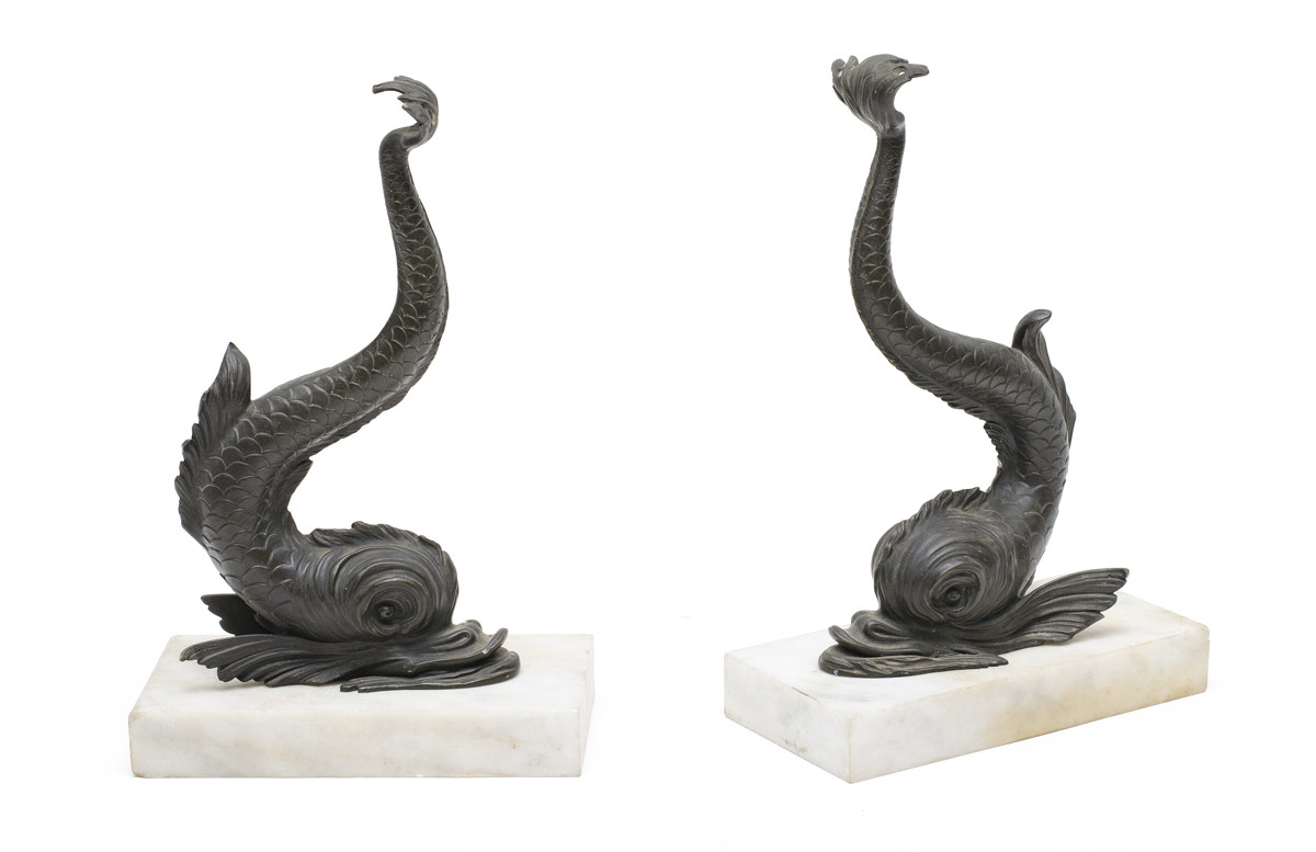 Appraisal: PAIR BRONZE FIGURAL DOLPHINS Cast bronze figural dolphin with marble