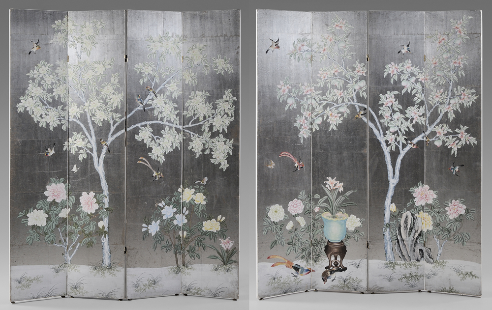 Appraisal: Paint-Decorated Eight-Panel Room Screen modern currently in two four-panel sections