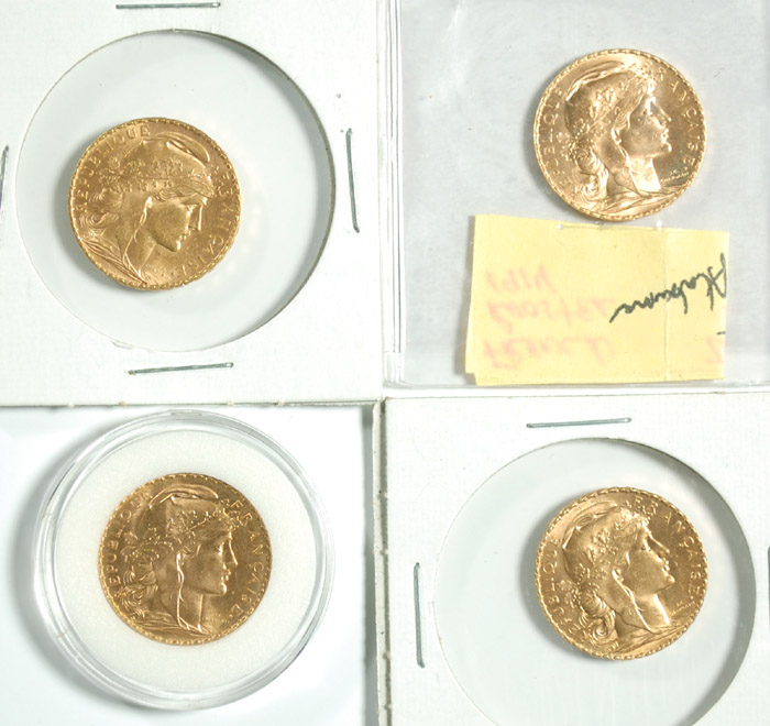 Appraisal: FOUR FRENCH TWENTY FRANCS GOLD COINS all Rooster variety with