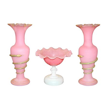 Appraisal: Pair of Pink Opaline and Gilt Glass Vases Together with