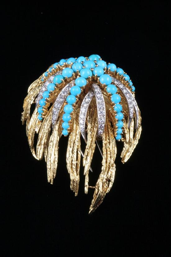 Appraisal: YELLOW AND WHITE GOLD DIAMOND AND TURQUOISE FIREWORKS SPRAY DESIGN