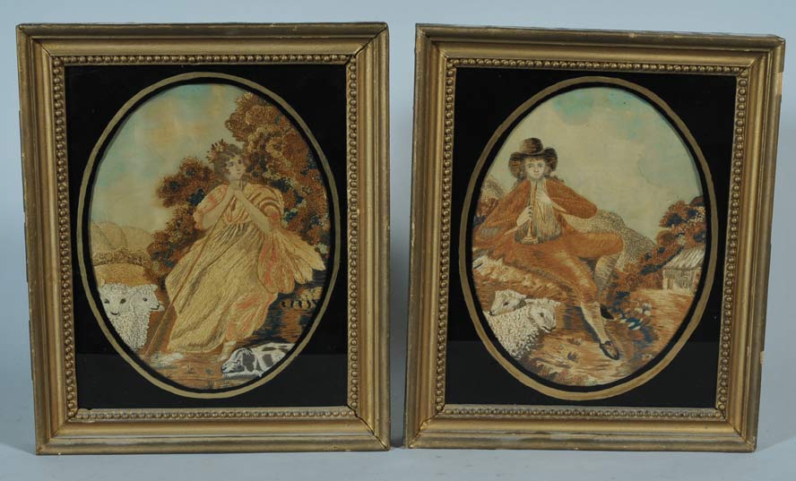 Appraisal: Pair of English Needlework Pictures each x oval with eglomise