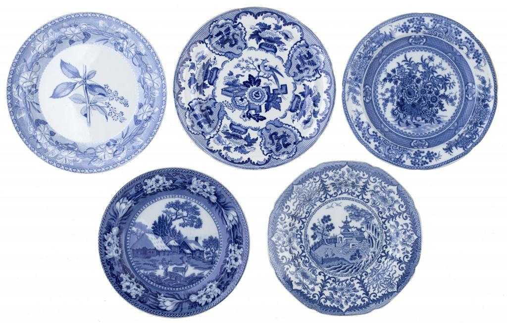 Appraisal: FOUR WEDGWOOD RIDGWAY AND UNASCRIBED BLUE PRINTED PEALWARE PLATES including