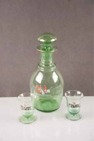 Appraisal: Equestrian Green Glass Decanter Cordial Glass Handpainted