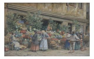 Appraisal: Vegetable Market Watercolor L E Petrovils Venedis Wien Signed in