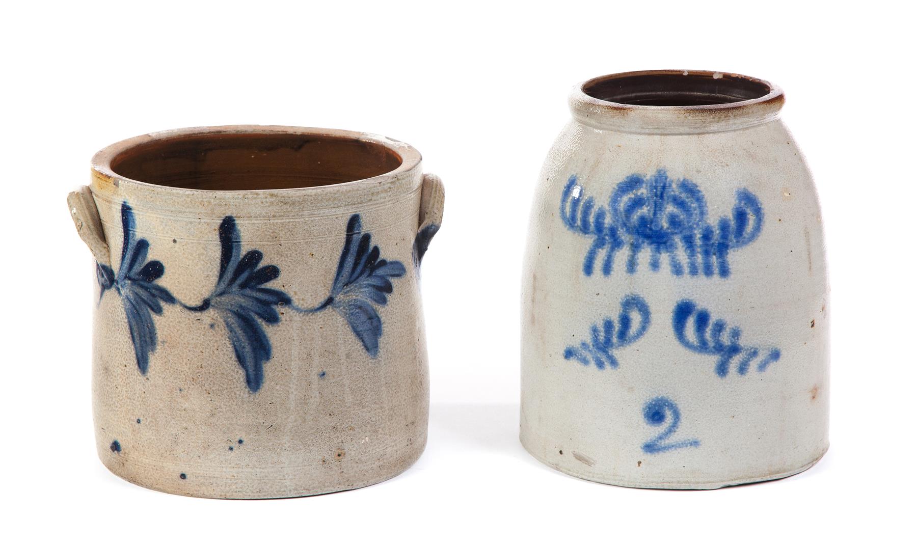 Appraisal: TWO TWO-GALLON STONEWARE JARS WITH COBALT FREEHAND DECORATION American nd