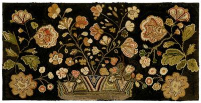 Appraisal: Rare bias shirred rug with large basket of flowers flanked