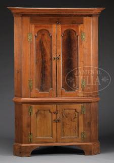 Appraisal: EARLY WALNUT CORNER CUPBOARD WITH BURL WOOD DOORS EARLY WALNUT