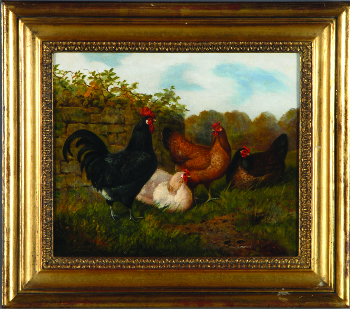 Appraisal: PAIR OF PAINTINGS OF A ROOSTER AND HENS CONTINENTAL SCHOOL