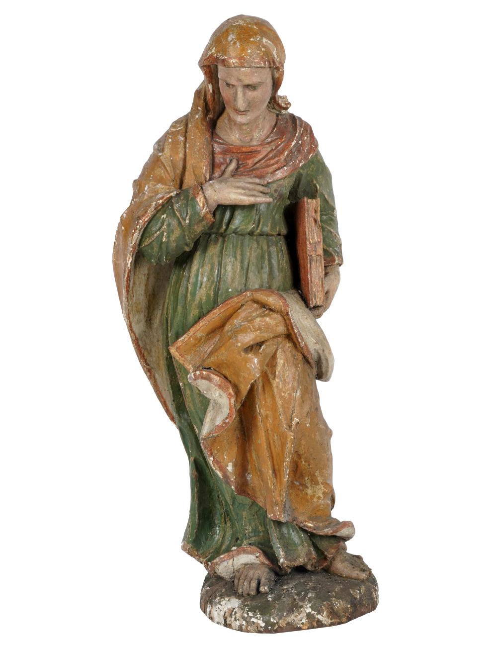 Appraisal: CARVED POLYCHROME-PAINTED WOOD FIGURECondition wear to paint insect damage loss