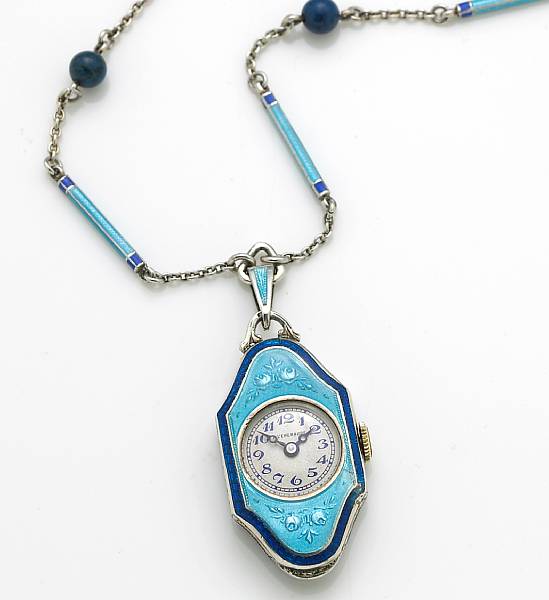 Appraisal: An enamel blue stone bead and silver watch-necklace suspending a