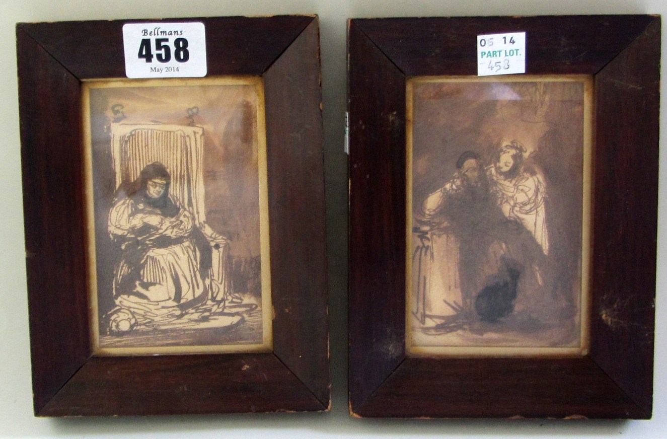 Appraisal: Manner of Rembrandt Figures in interiors a pair pen ink