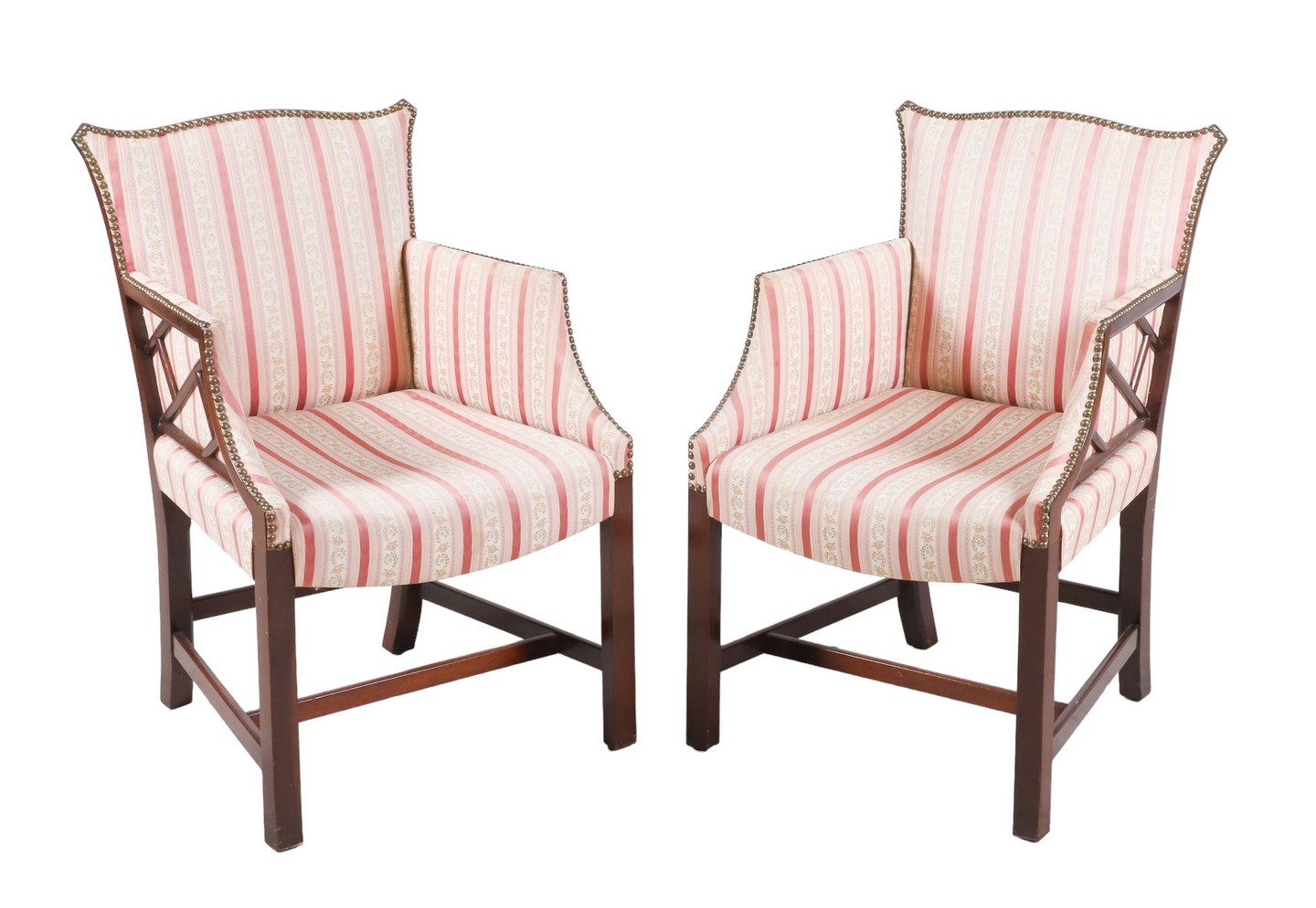 Appraisal: Pair Chippendale style upholstered lounge chairs floral striped tacked upholstery