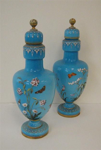 Appraisal: Pair of blue opaline glass covered vases H in Both