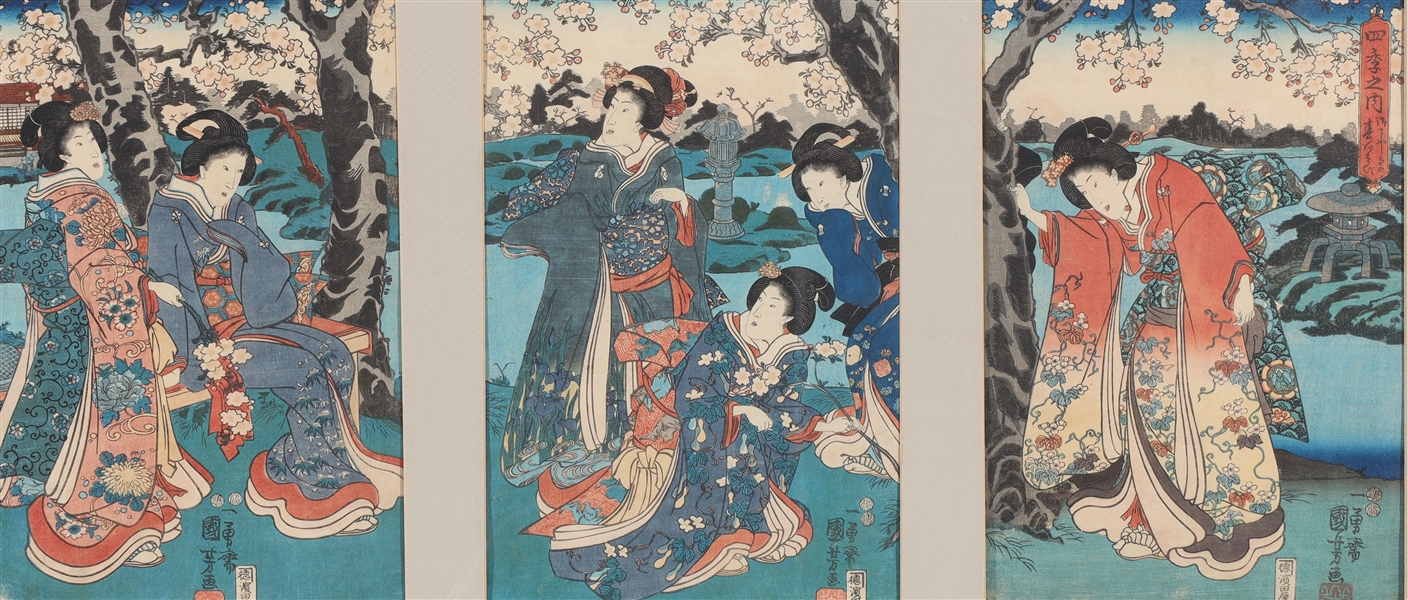 Appraisal: Antique Japanese woodblock triptych each signed with seal marks not