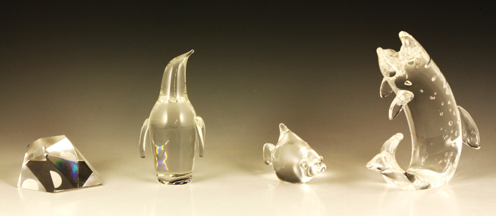 Appraisal: - Steuben Paperweights Two Steuben fish one penguin one prism