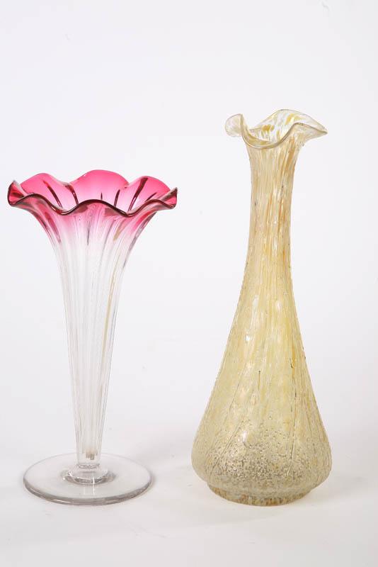 Appraisal: TWO ART GLASS VASES Rubina trumpet vase with ruffled rim