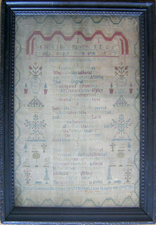 Appraisal: English silk on linen sampler dated wrought by Betty Chaddock