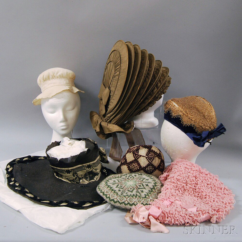 Appraisal: Seven Assorted Hats and Bonnets a straw hat trimmed in