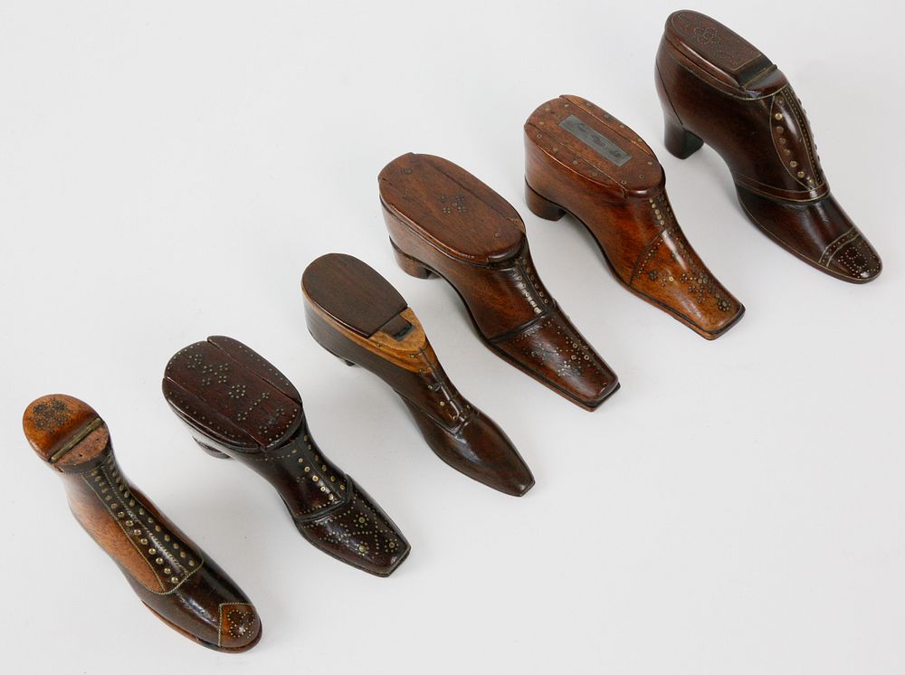 Appraisal: Group of Six th c Carved and Inlaid Wood Shoe