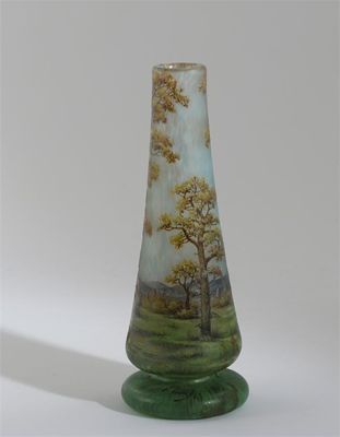 Appraisal: A Daum summer landscape enamelled glass vase tapering cylindrical form