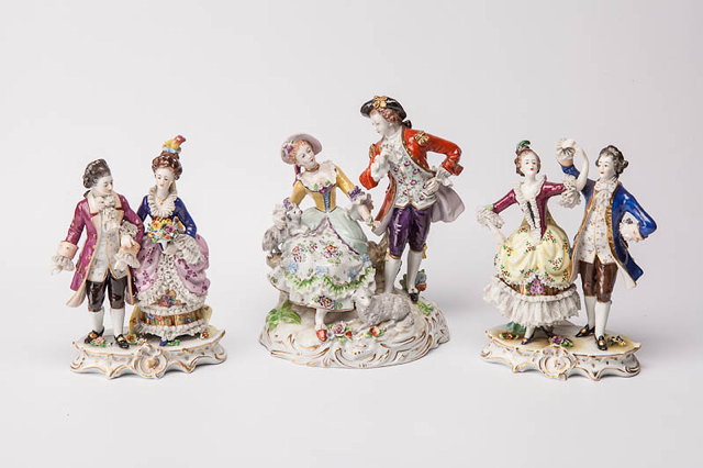 Appraisal: THREE PORCELAIN FIGURAL GROUPS of courtly ladies and gentlemen the