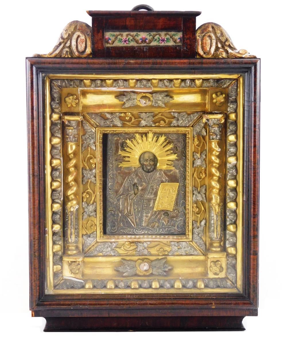 Appraisal: Early Russian icon in shadow box frame depicts St Nicholas