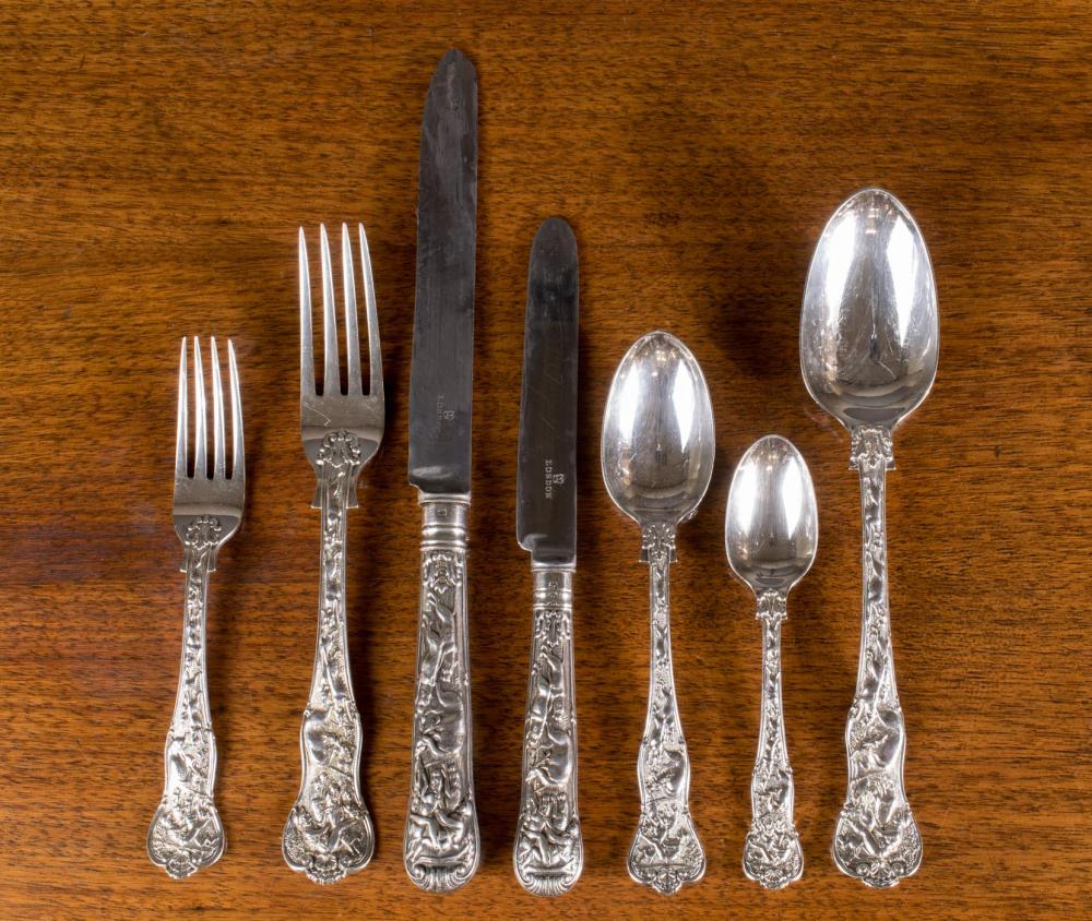 Appraisal: ENGLISH VICTORIAN STERLING SILVER FLATWARE SET pieces featuring a Stag