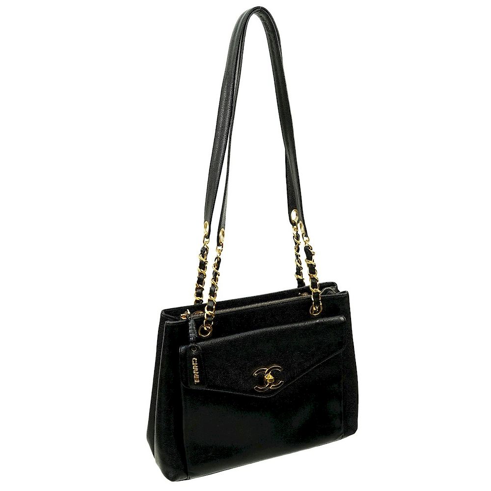 Appraisal: Chanel Bag Chanel Black Leather Shoulder Tote Front Flap Gold