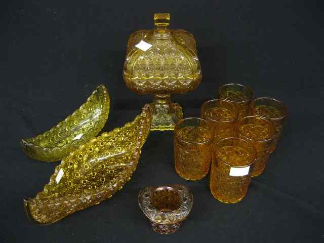 Appraisal: pcs Amber ''Daisy Button'' Glassware canoe dishes covered dish tumblers