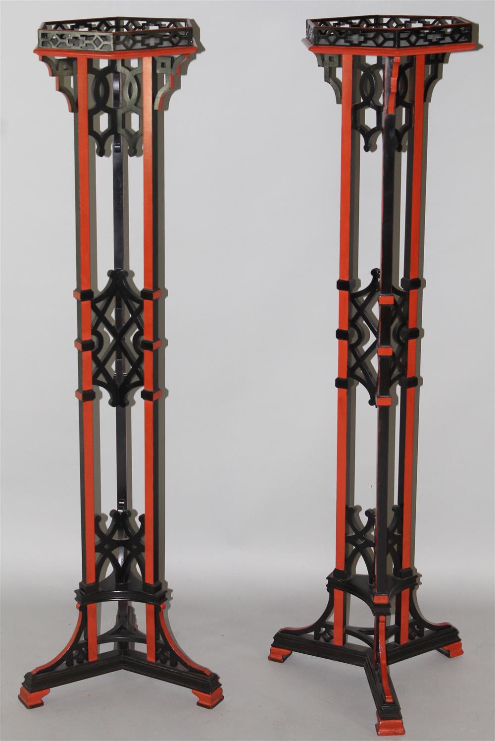 Appraisal: PAIR OF CHINESE CHIPPENDALE STYLE PAINTED WOOD TORCHERES each having