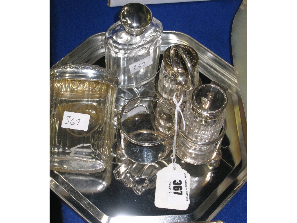 Appraisal: Lot comprising part cruet set and a silver topped jar