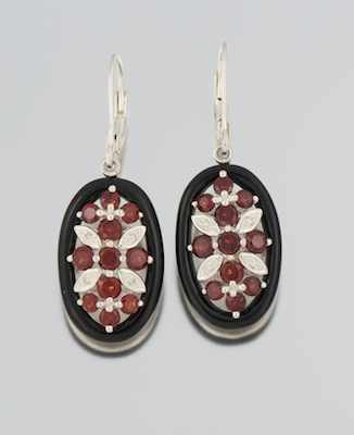 Appraisal: A Ladies' Onyx Garnet and Diamond Earrings Mounted in sterling